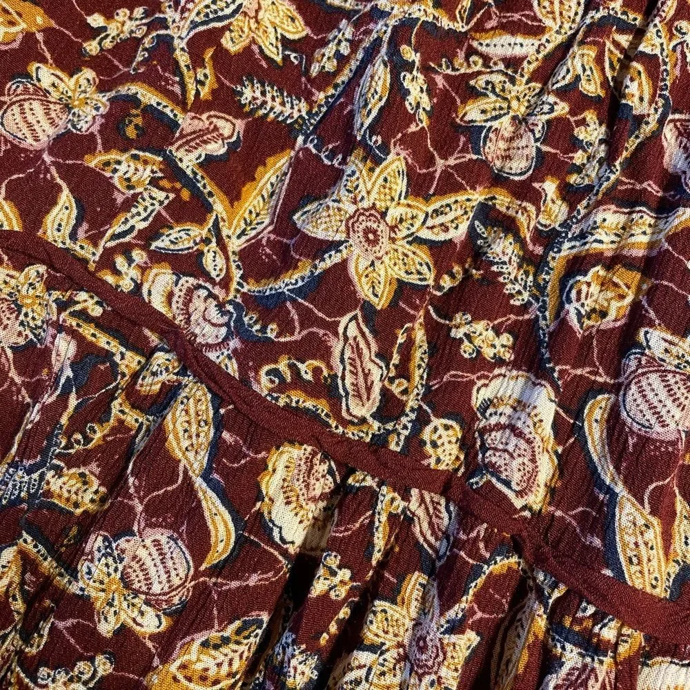 Wonderly Burgundy Floral Tiered Midi Skirt Size M Boho Fall